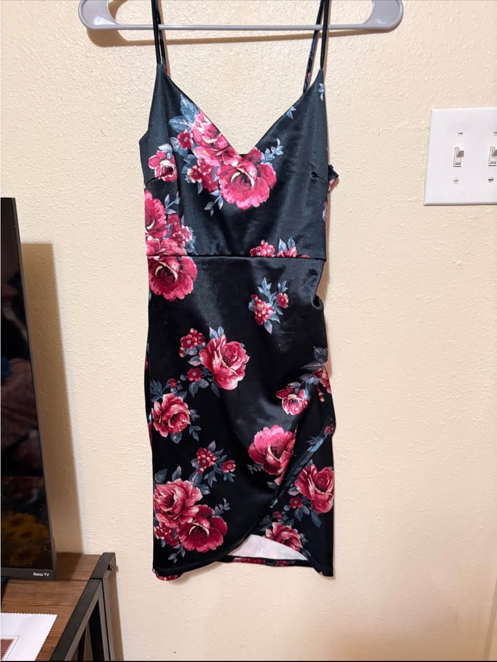 Floral Satin Slip Dress with Pink Rose Print